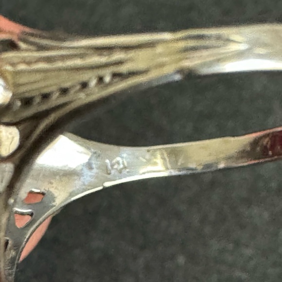 Art Deco 14K White Gold Ring Marquis Lab Ruby Filigree Setting Vintage Size 8 - Picture 5 of 10
